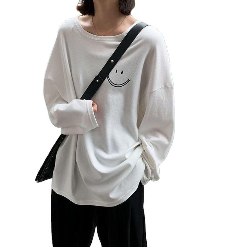 Smiling face long sleeved T-shirt 2024 autumn Korean version new round neck loose fitting women's bottom top_voghion.com