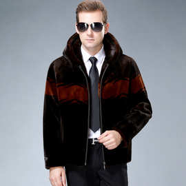冬装中年老男式水貂绒皮草大衣短款皮毛一体带帽时尚保暖防寒外套