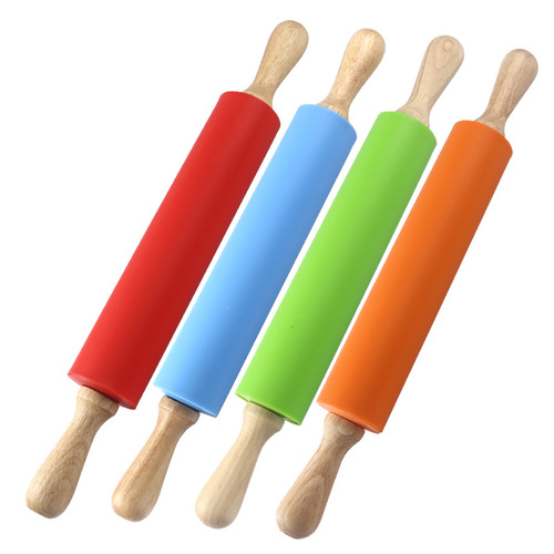 Silicone roller rolling pin kitchen supplies dumpling skin rolling pin baking flour solid wood handle dough pressing wholesale