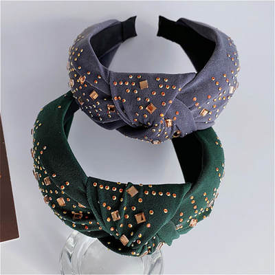 European and American Cross-border Hair Accessories Korean Style Autumn and Winter New Middle Knot Rhinestone Headband Velvet Rhinestone Headband Non-slip Headwear