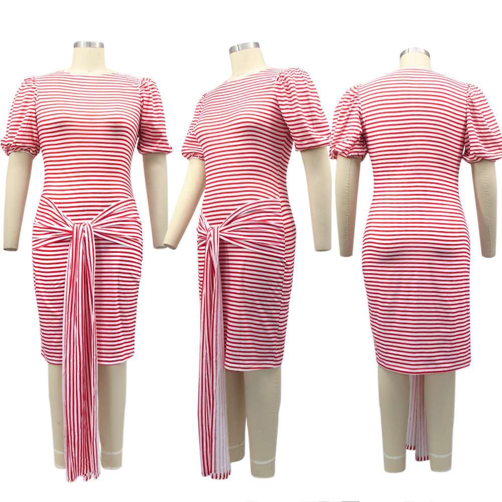 Striped Short-Sleeved Strap Casual Dress Women Wholesale