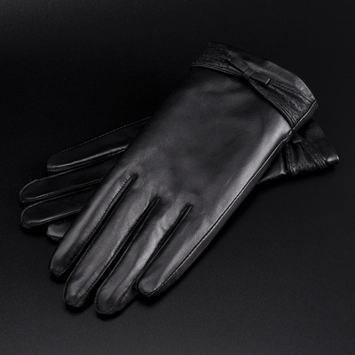 町羊真皮手套女秋冬天薄粉羊皮触屏保暖加绒加厚骑行开车女手套|ms