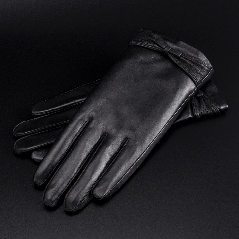 町羊真皮手套女秋冬天薄粉羊皮触屏保暖加绒加厚骑行开车女手套|ms