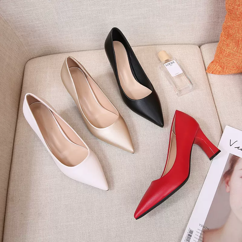 2022职业高跟鞋女礼仪尖头浅口单鞋超纤黑色粗跟ol空姐正装工作鞋