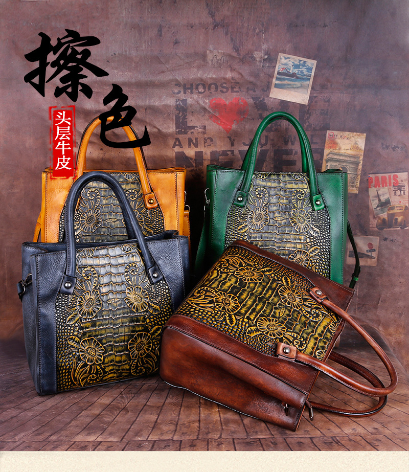 Túi đeo chéo nữ da thật phong cách vintage, họa tiết nổi bật — Xám cổ điển, Vàng cổ điển, Xanh lá cổ điển, Nâu cổ điển chi tiết 1