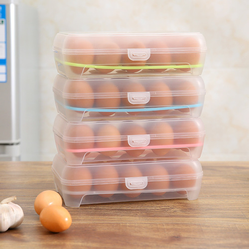 Kitchen multi-compartment refrigerator egg carton portable picnic storage box with lid plastic transparent color strip 15-compartment egg carton