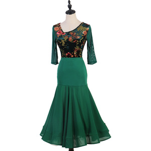 Dark Green velvet floral Ballroom Latin Dance Dresses for Women Girls  flamenco ballroom dancing skirt modern waltz tango foxtrot rhythem dance long gown for female