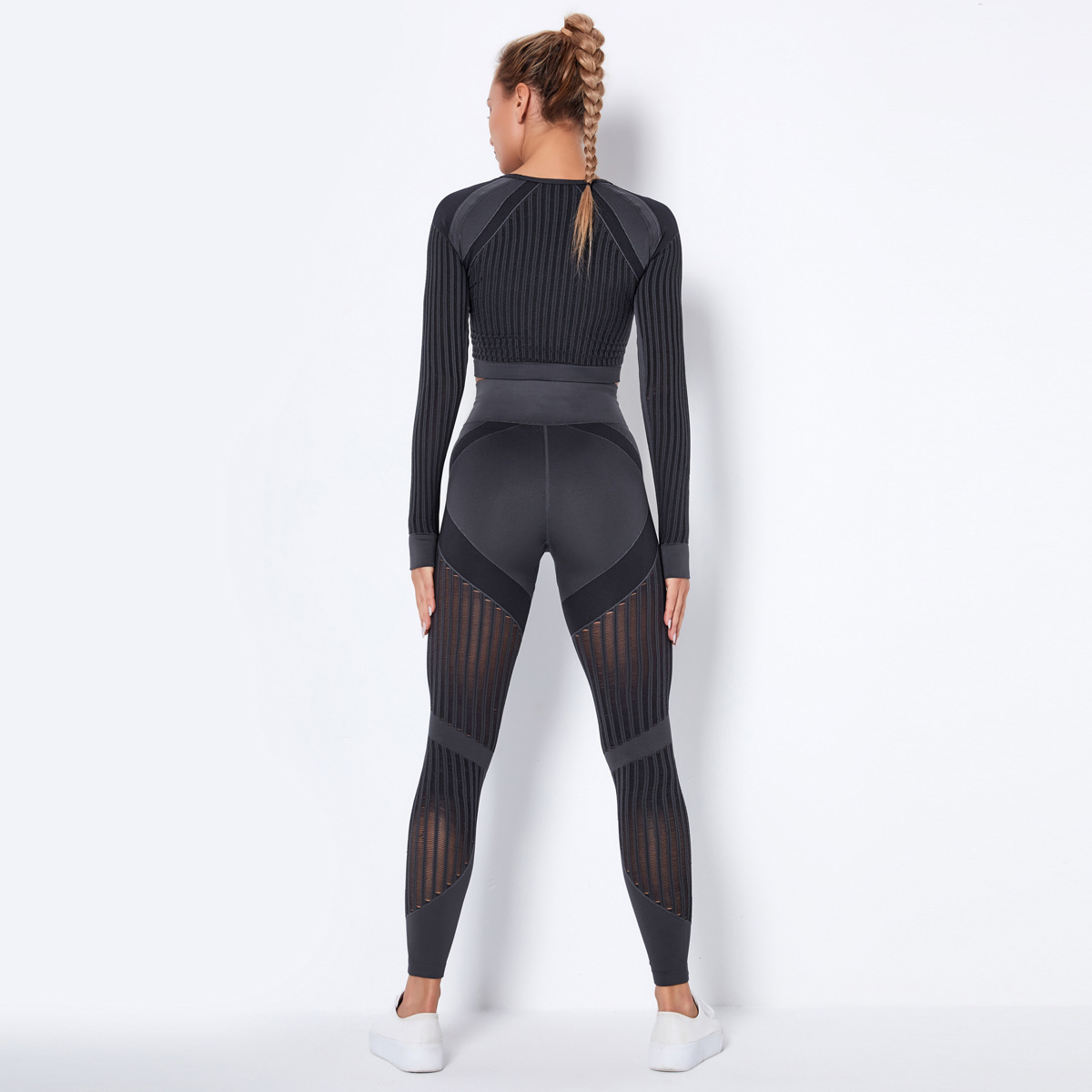 Seamless Mesh Quick-Drying Long Sleeve Striped Yoga Suit NSNS10714