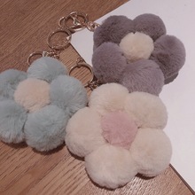 創意新款花朵毛球鑰匙扣仿小兔毛毛球掛件彩色小花毛絨包包小掛件