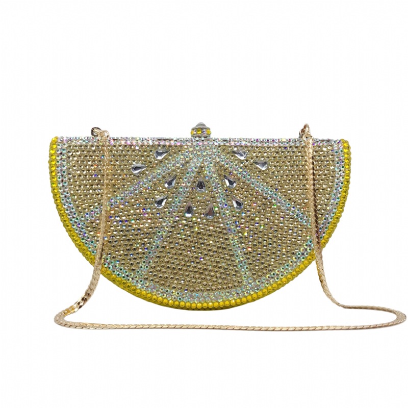 Túi clutch nữ đính đá hình quả chanh, hộp cứng kim cương đáy phẳng, kèm dây xích 48 cm — Màu vàng