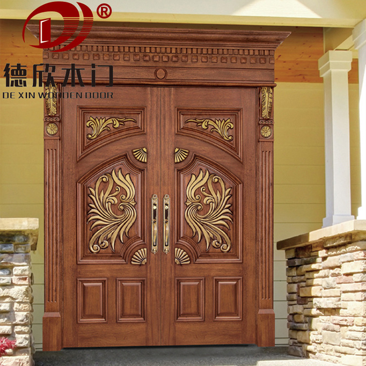 Villa Entrance Door Manufacturer Supplies Log Double-Open Solid Wood Door with Carved Gold and Painted Door Courtyard Door