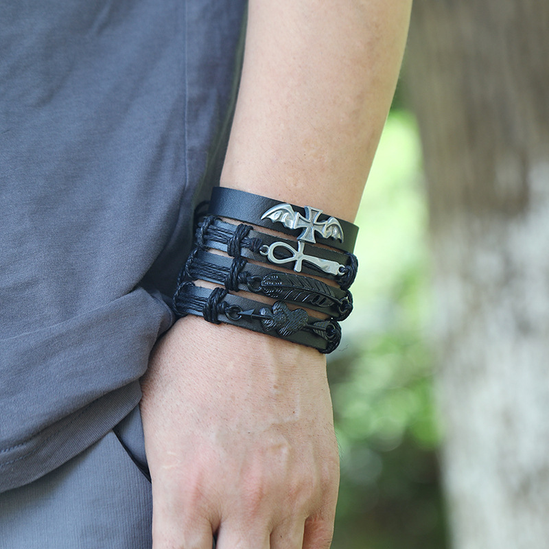 Punk style retro woven suit cowhide simple menu0027s bracelet