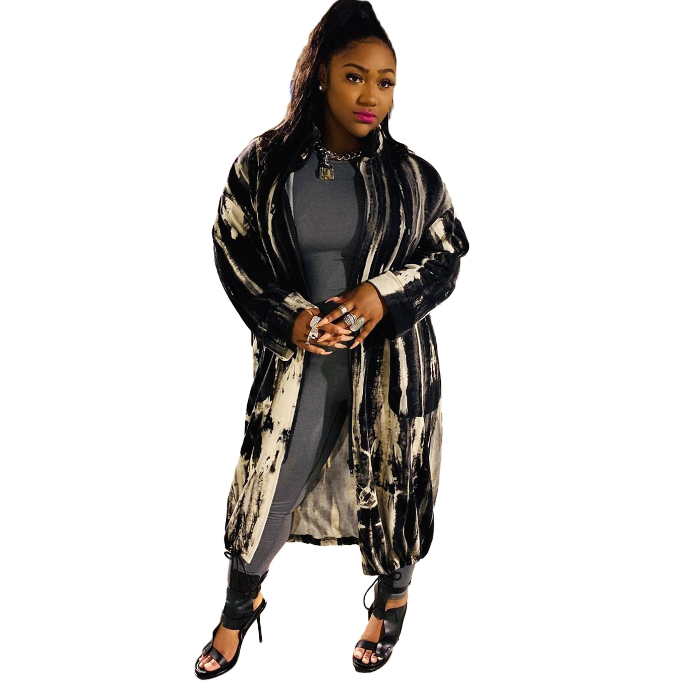 Women Clothing  New Autumn and Winter Long Casual Printed Zipper Trench Coat for Women in Trench Coats