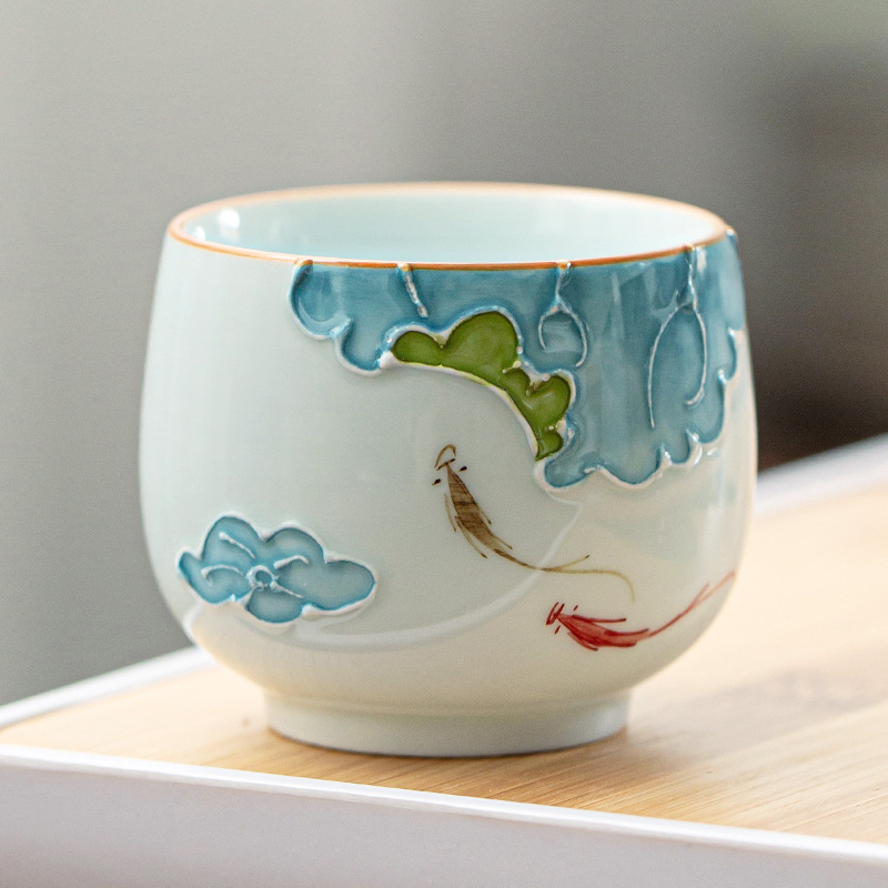 Taza de té de Kung Fu pintada a mano de cerámica taza de té del hogar taza de té pequeña japonesa en relieve grande