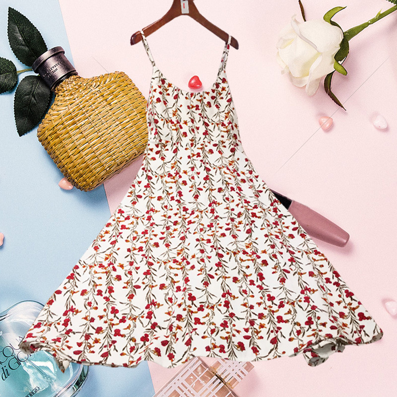 春夏季新款灯芯绒碎花裙娇小吊带连衣裙小个子高腰A字裙