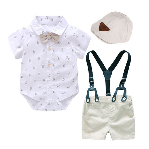 Cross-border new summer product, baby boy, gentleman's khaki, dinosaur printed romper multi-piece set, wholesale + hat