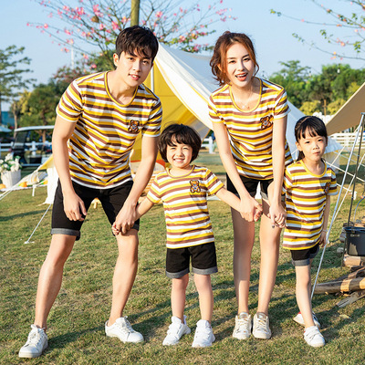 Female Women 2020 Summer wear new pattern fashion stripe Cartoon Whole family leisure time suit A Three Four Athletic Wear