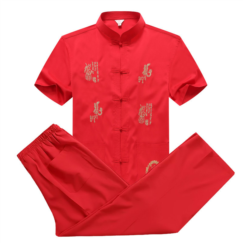 唐装纯色中老年男士夏季短袖套装中国风刺绣福龙中式短袖短裤套装|ms
