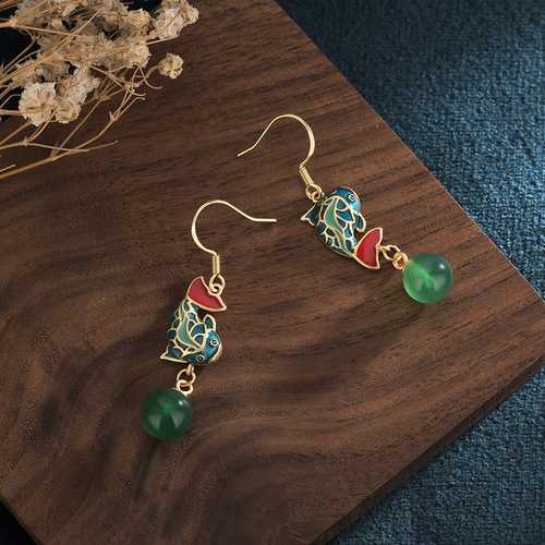 Palace style design Hanfu earrings ancient gold aquamarine cloisonne carp leaping over the dragon gate earrings inlaid with chrysoprase