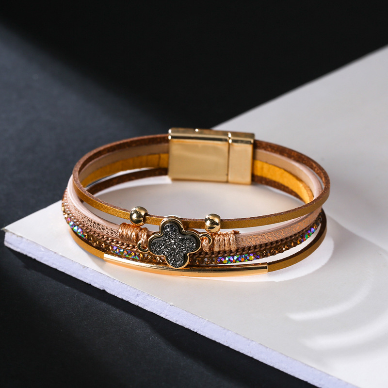 1 Piece Retro Four Leaf Clover Pu Leather Alloy Handmade Rhinestones Womenu0027S Bangle