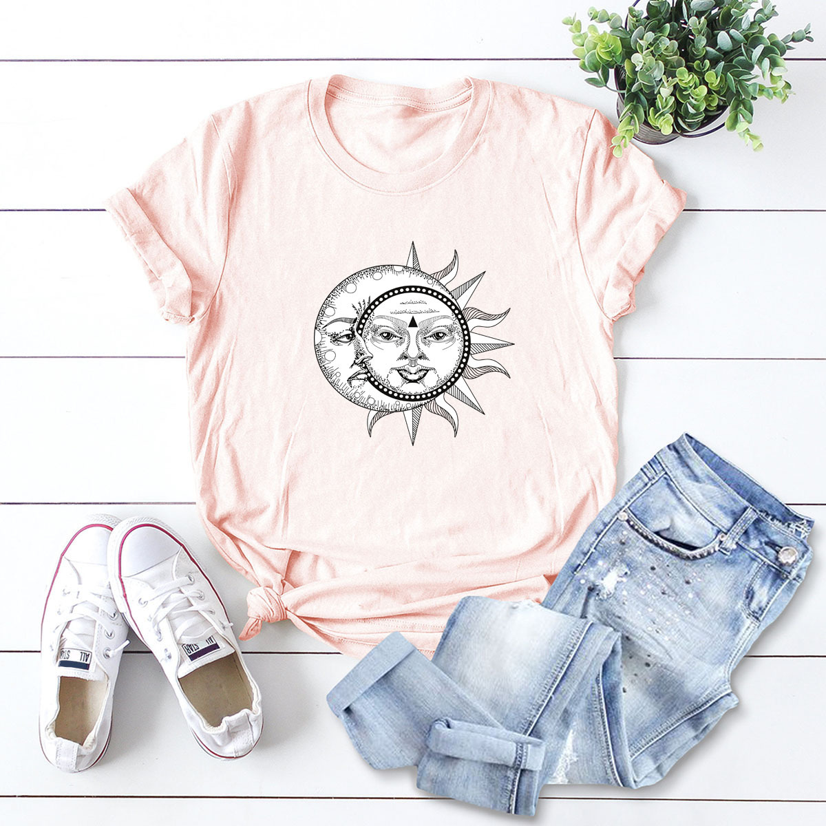 comfortable plus size short-sleeved female T-shirt Sun Moon NSSN4613