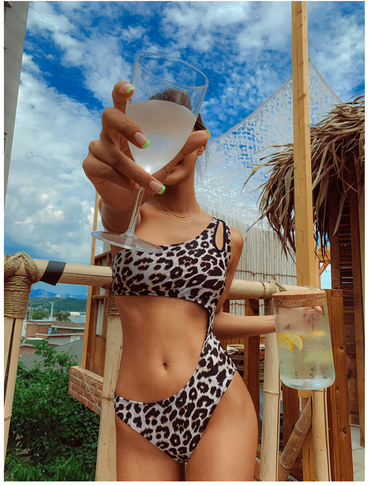   sexy hollow beautiful back leopard print one-shoulder bikini  NSHL3998