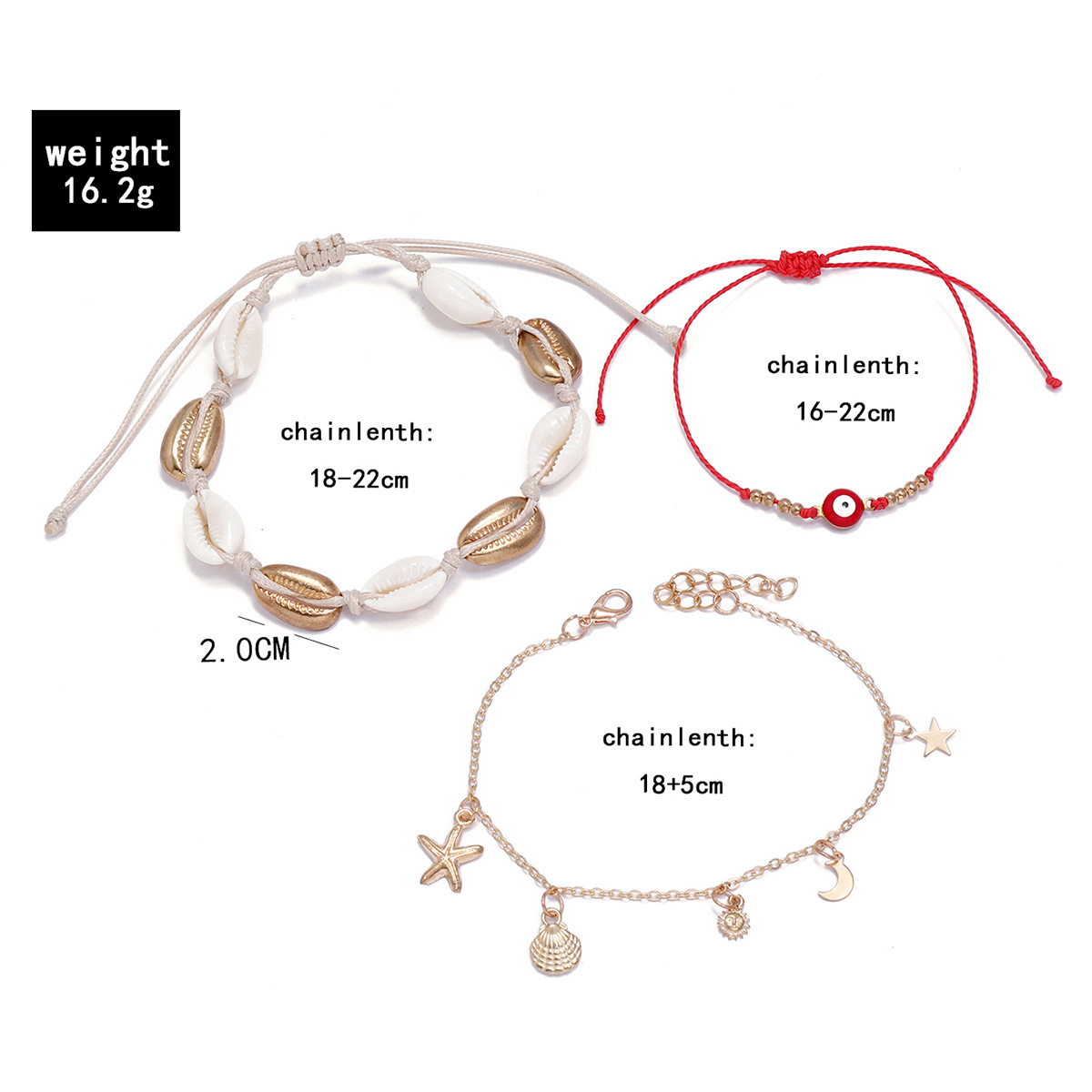 Three-layer Starfish Natural Shell Hand-woven Tassel Alloy Anklet 3-piece Set display picture 6