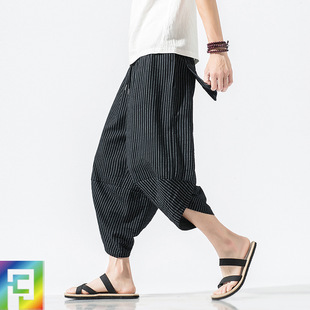 Radish Pants Men's Harlan Capri Pants Summer New Men's Loose Large Size Striped Pants Japanese Style Wide Leg Bloomers