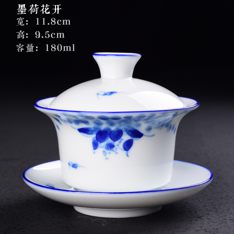 Cubierta pintada a mano Tazón Taza de té de cerámica juego de té de Kung Fu hogar tamaño pequeño Tazón de té Taza blanca tostada de porcelana Taza de té de tres piezas cubierta Tazón