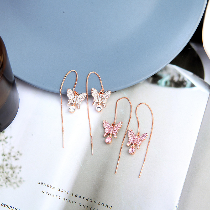 Butterfly S925 Boucles D&#39;oreilles Pompon Diamant Aiguille Argent display picture 6