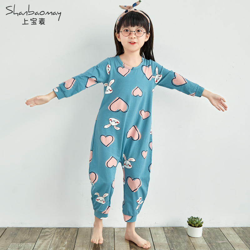 SHANGBAOMAI 봄 가을 신작 아동 원피스 잠옷, 여아 잠옷, 긴팔 원피스 잠옷, 가정복, 발길질 방지 및 감기 예방