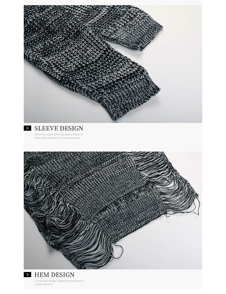 Einfarbiger, langärmeliger Rundhalspullover mit Rissen im Waldstil_voghion.com