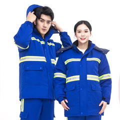 Winter and Spring Thick Anti-static Reflective Striped Cotton Overcoat with Fleece and Thick Security and Sanitation Protective Workwear Set
