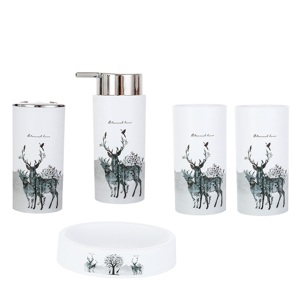 Baño de 5 piezas de cepillo de dientes taza de cepillo de dientes soporte de cepillo de dientes botella de desinfectante para manos de limpieza para el hogar de baño de limpieza impresión de 5 piezas