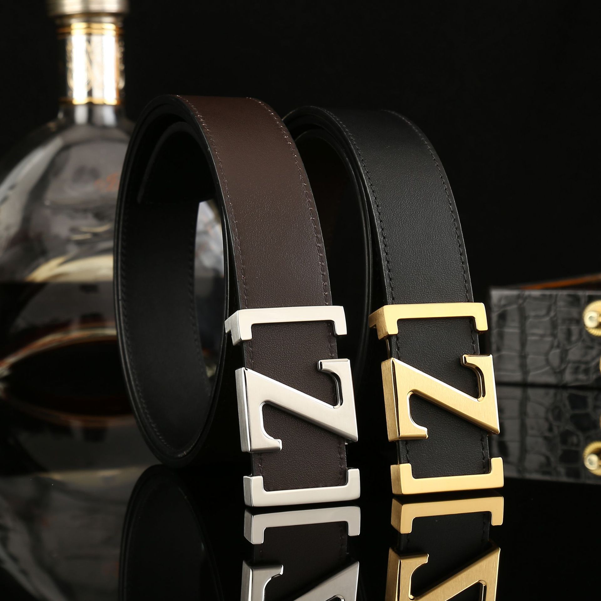 Black double-sided leather belt stainless steel