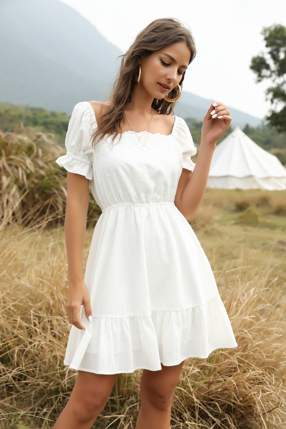 summer new one-word collar elastic waist cotton short-sleeved large hem stitching lace dress wholesale NSDF399