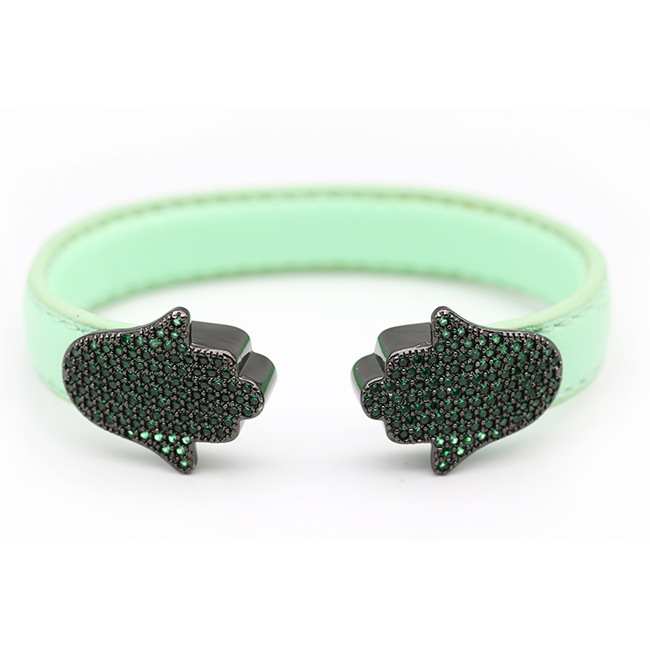 Manufacturer's Professional Customized Environmentally Friendly Stainless Steel Palm Diamond Buckle Genuine Leather Bracelet 1cm*15cm Green Cowhide Bracelet