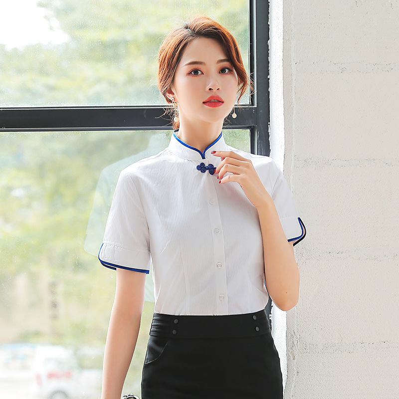 厂家直销空姐制服女短袖衬衫夏中式修身酒店前台珠宝职业套装代发