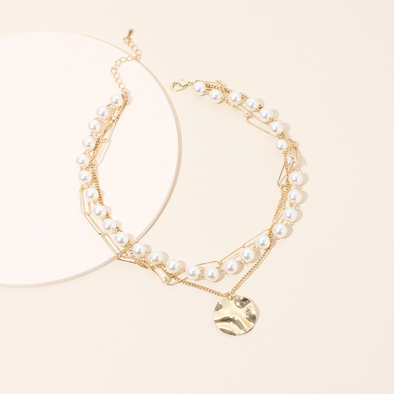 38g Weight Necklace Classification Wedding, Travel Occasion Women'S Gender Fashion Style Gold Color Fashion Multi-layer Pearl Disc Necklace Simple Fashion Short Clavicle Necklace 5