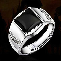 Mens Bold Ring with Black Agate, Adjustable Opening, Korean Style, Polished Black Gemstone Ring