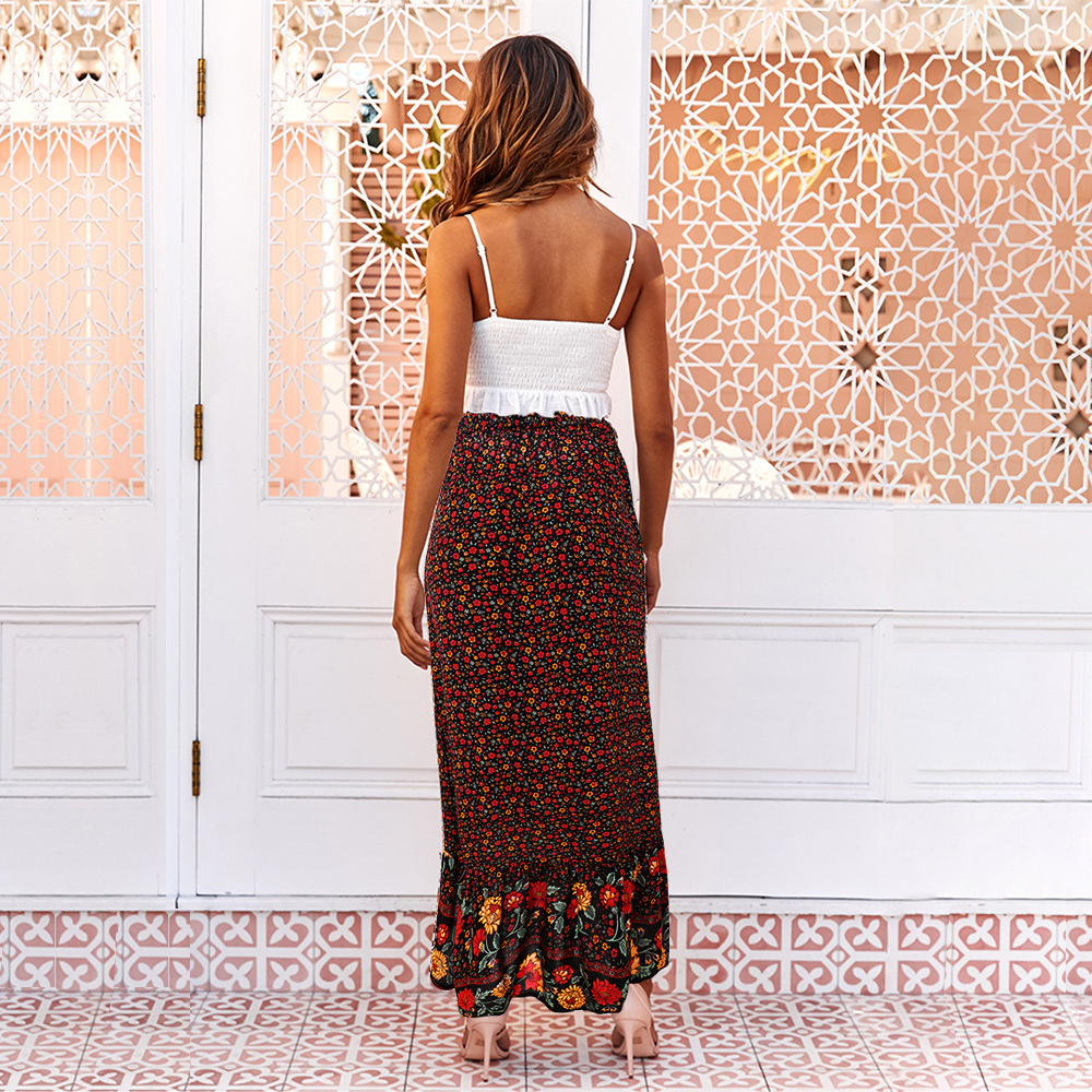 bohemian floral print pleated ruffle long skirt NSMAN53293