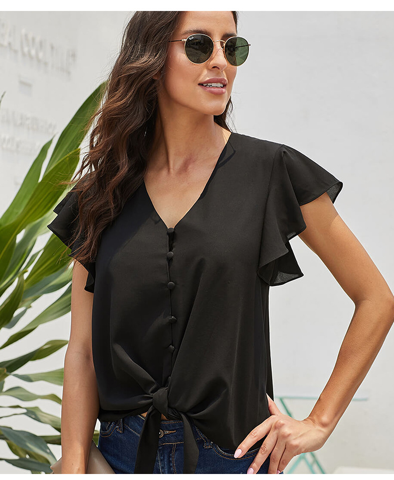 V-neck single-breasted hem tie short-sleeved top  NSSI33881