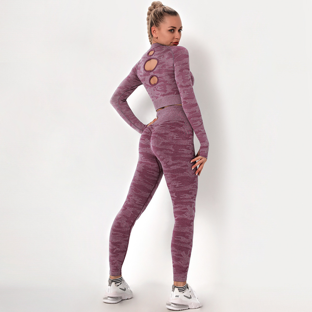 Traje de 2 piezas de camuflaje sin costuras de alta elasticidad para yoga y fitness NSNS14718