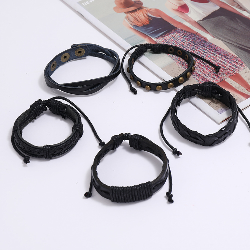 new retro woven cowhide simple multi-layer menu0027s leather bracelet  set