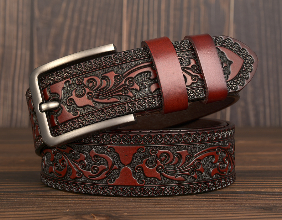 Cintura da uomo in pelle di vacchetta intagliata personalizzata con fibbia ad ago di nuova moda_voghion.com