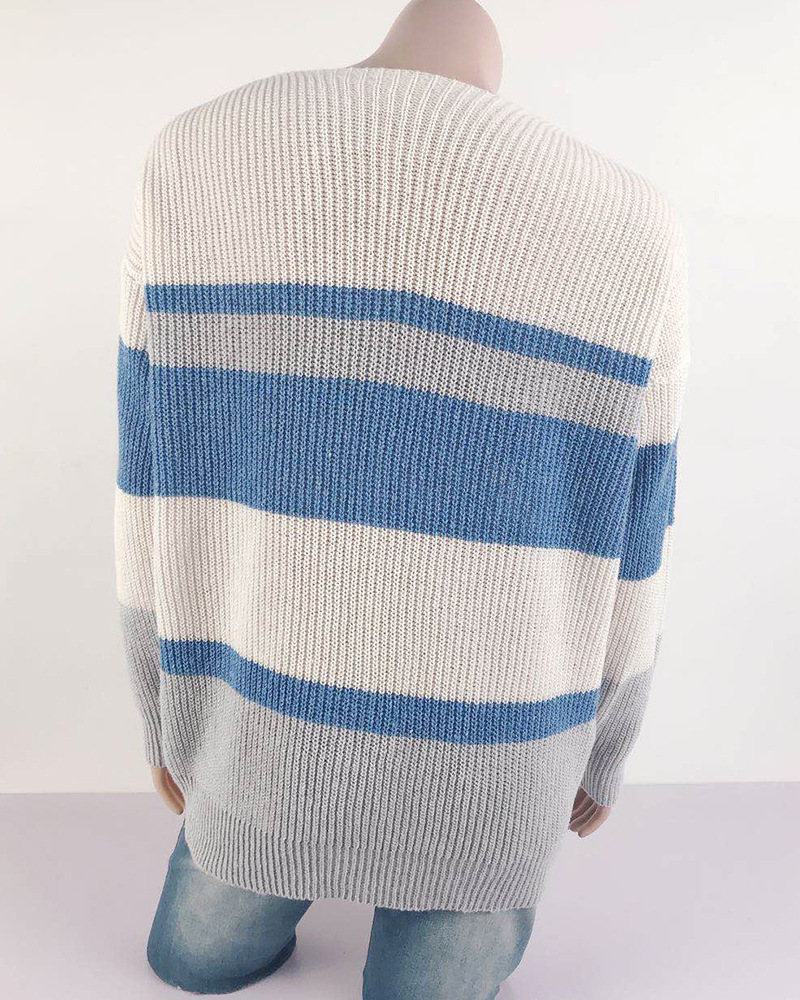 Women's Clothing 2023 autumn and winter new v-neck button striped patchwork sweater cardigan_voghion.com