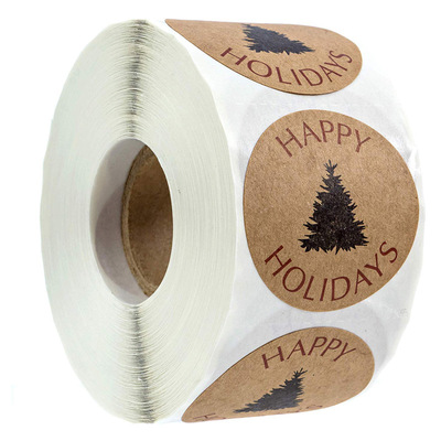 圓形牛皮紙節日假期快樂貼紙卷裝封口貼不幹膠標簽禮物裝飾500貼