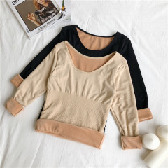 Winter velvet thermal underwear for women, velvet thickened warm long-sleeved round neck bottoming shirt thickened thermal underwear long sleeves