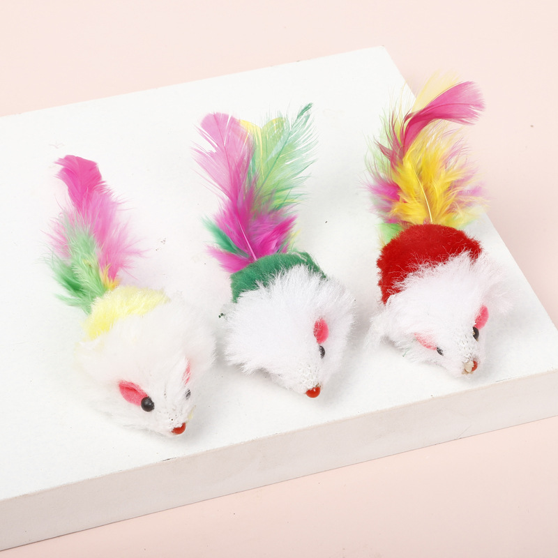 Manufacturers direct cats and fur mouse toys colorful feather tail simulation mouse funny cat toy plush toys
