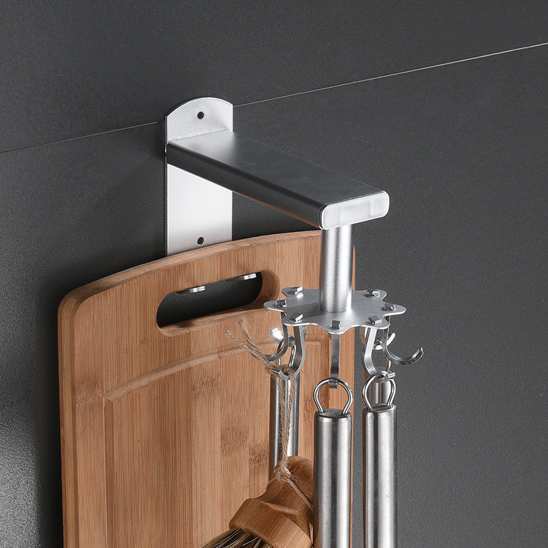 Aluminio espacio gancho libre cocina gadget almacenamiento estante giratorio gancho cuchara organización rack pared almacenamiento rack